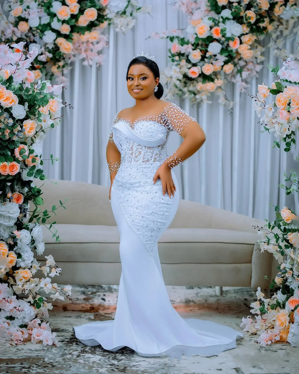 Customized Exquisite Illusion Handmade Beads Appliques Mermaid Wedding Dress Long Sleeves De Novias with Removable Skirt