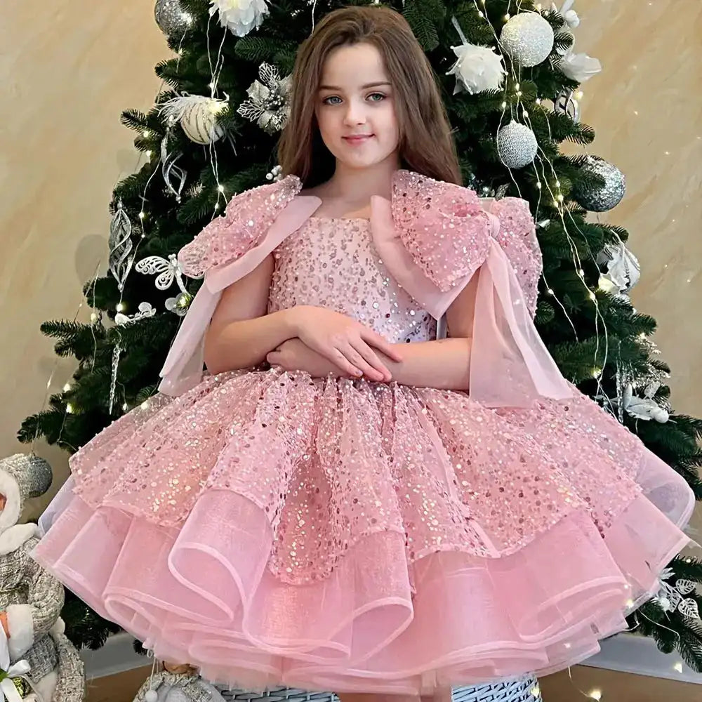 PLBBFZ Girls Sequin Bow Dress Tulle Party Princess Prom