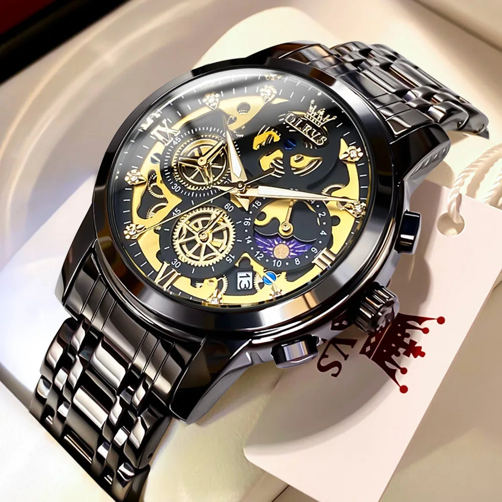 OLEVS Mens Luxury Skeleton Quartz Watch Stainless Steel Waterproof
