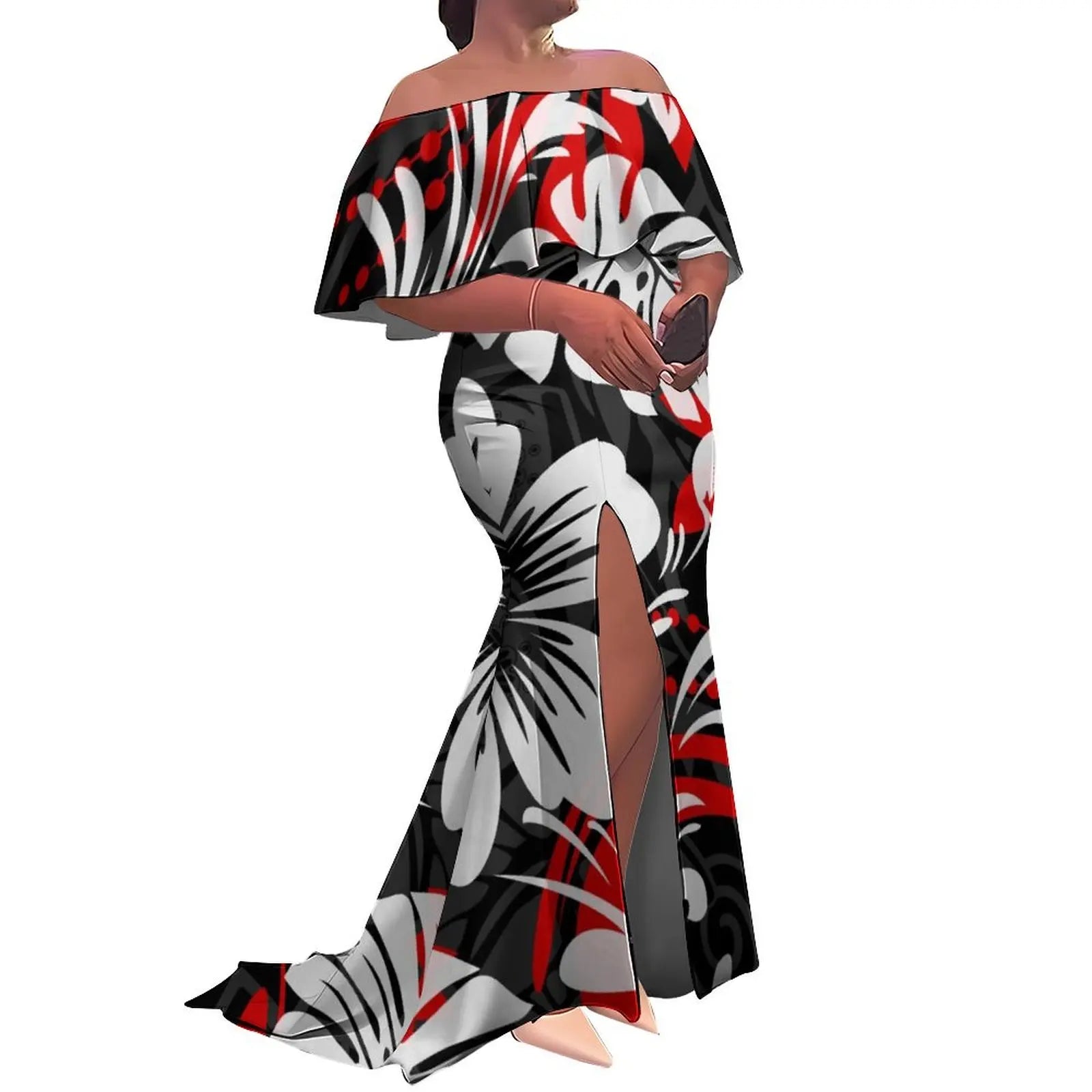 Tax Free Custom Logo Ladies Fishtail Evening Dress Polynesian Frill Off the Shoulder Split Mermaid Long Maxi New Zealand Dress