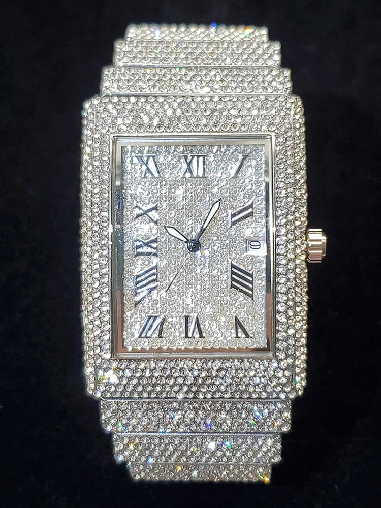 Gold Men's Watches Rectangle Dial Luxury Diamond Fashion Big Wristwatches Luminous Point Iced Quartz Watch For Men Dropshipping