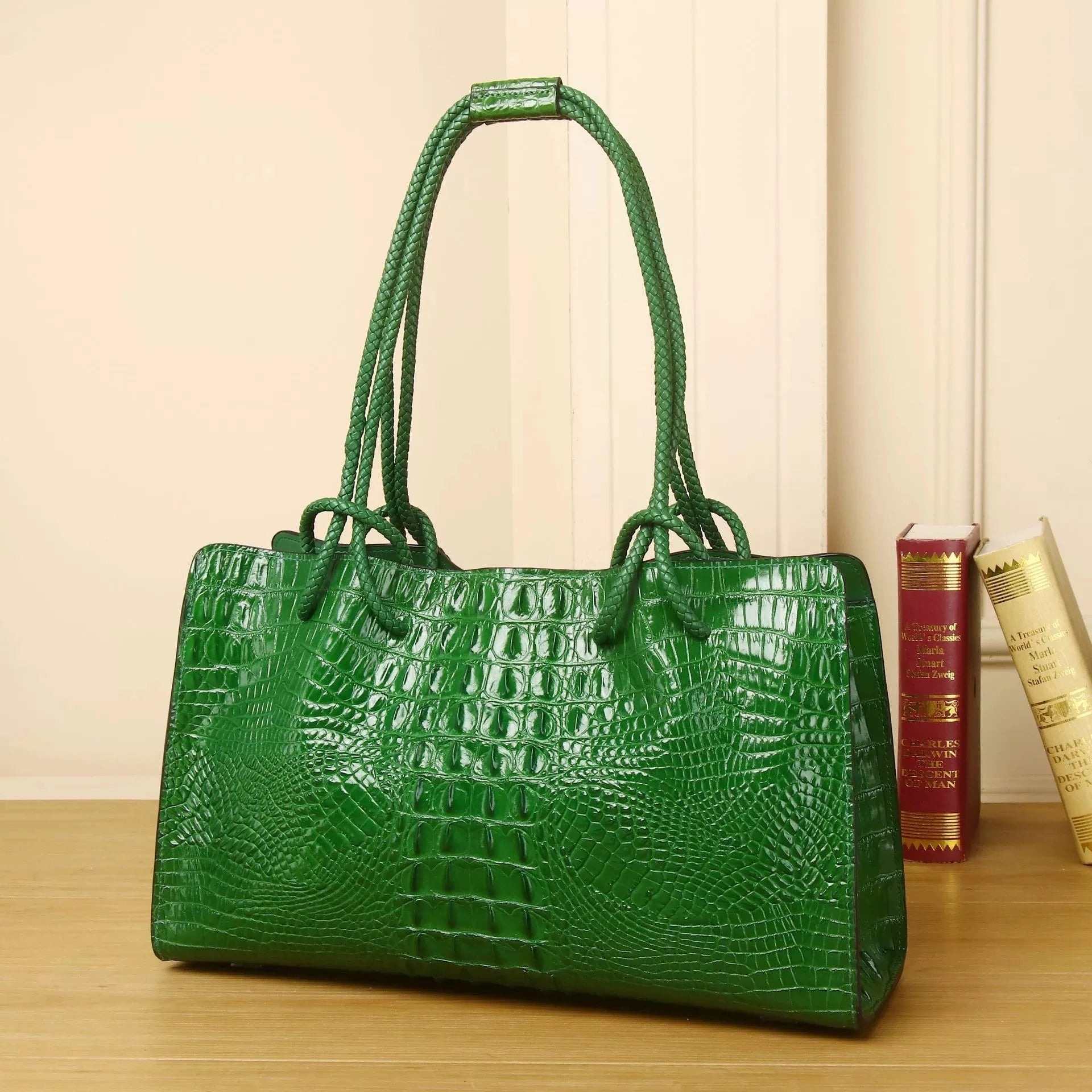 BJYLCN Genuine Leather Womens Travel Tote Bag Crocodile Pattern