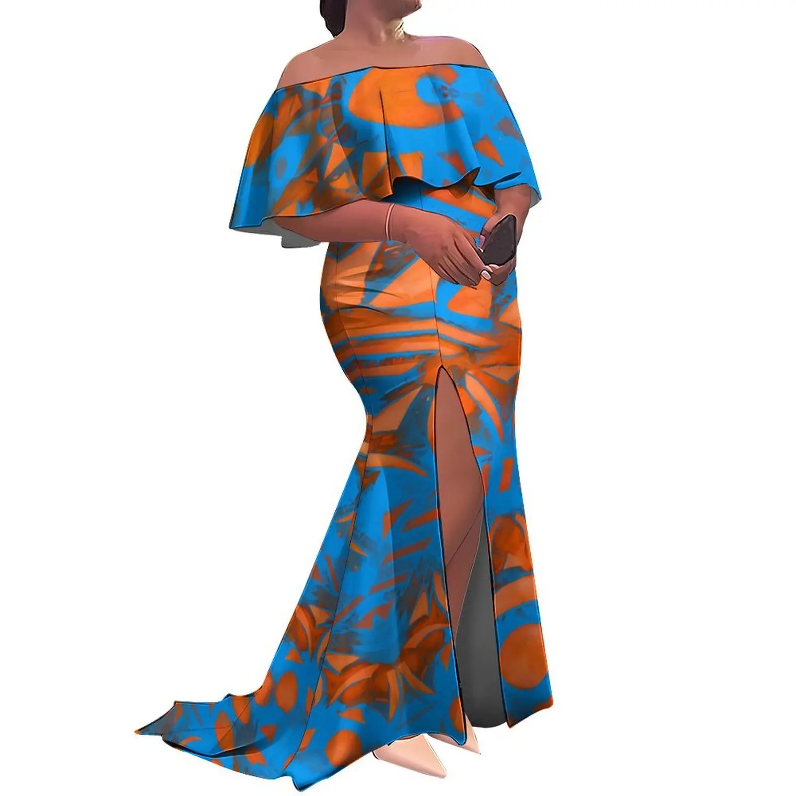 Tax Included Custom  Polynesian Tribal Design  Print Slit Pleated Plus Size Mermaid Dress Off Shoulder Prom Women Dress