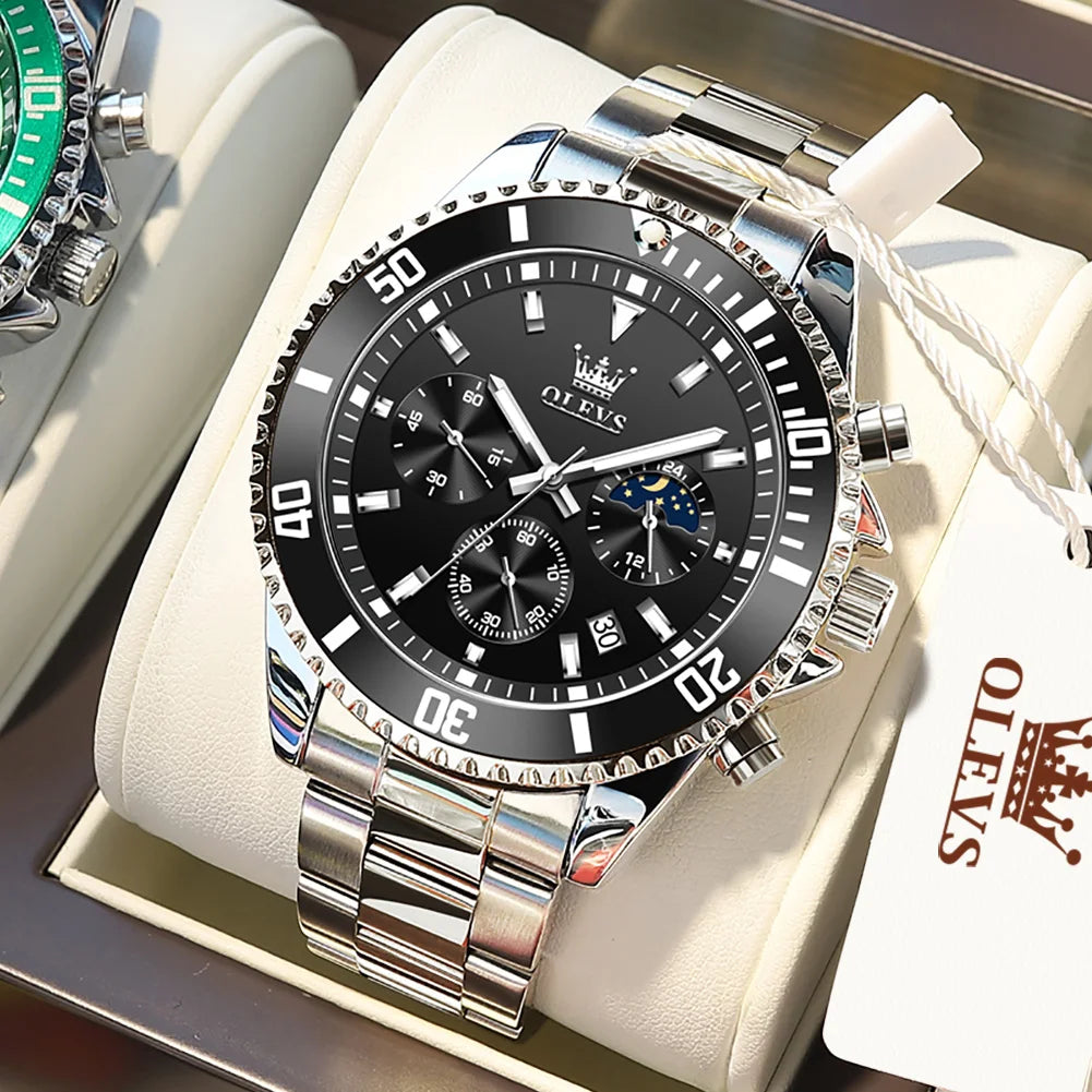 OLEVS Men's Luxury Chronograph Moon Phase Stainless Steel Watch