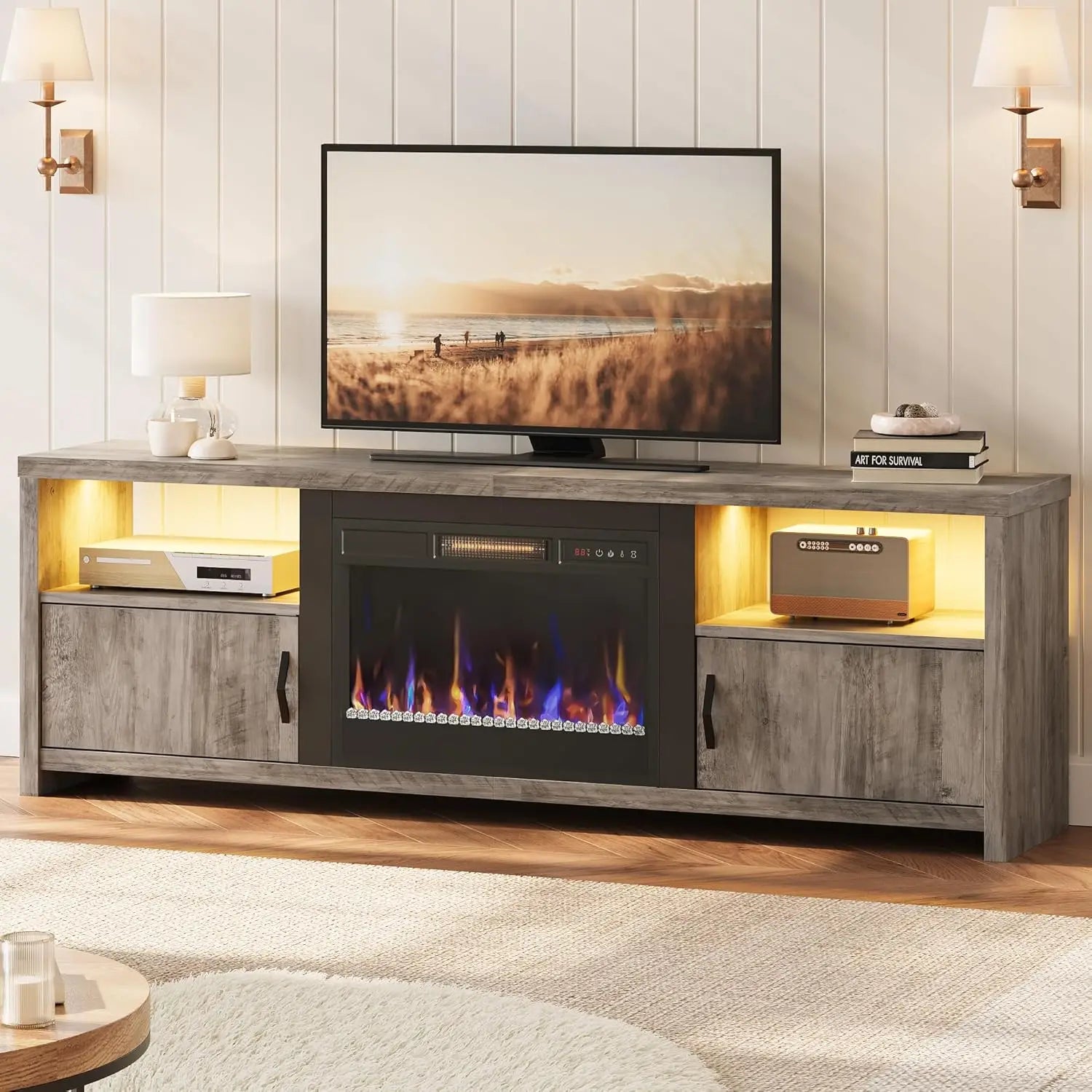 HUANZHUANG Fireplace TV Stand With LED Lights And Storage Cabinets