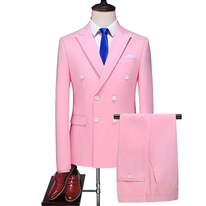 Mens Double Breasted Suit Blazer Pants British Style Business Formal