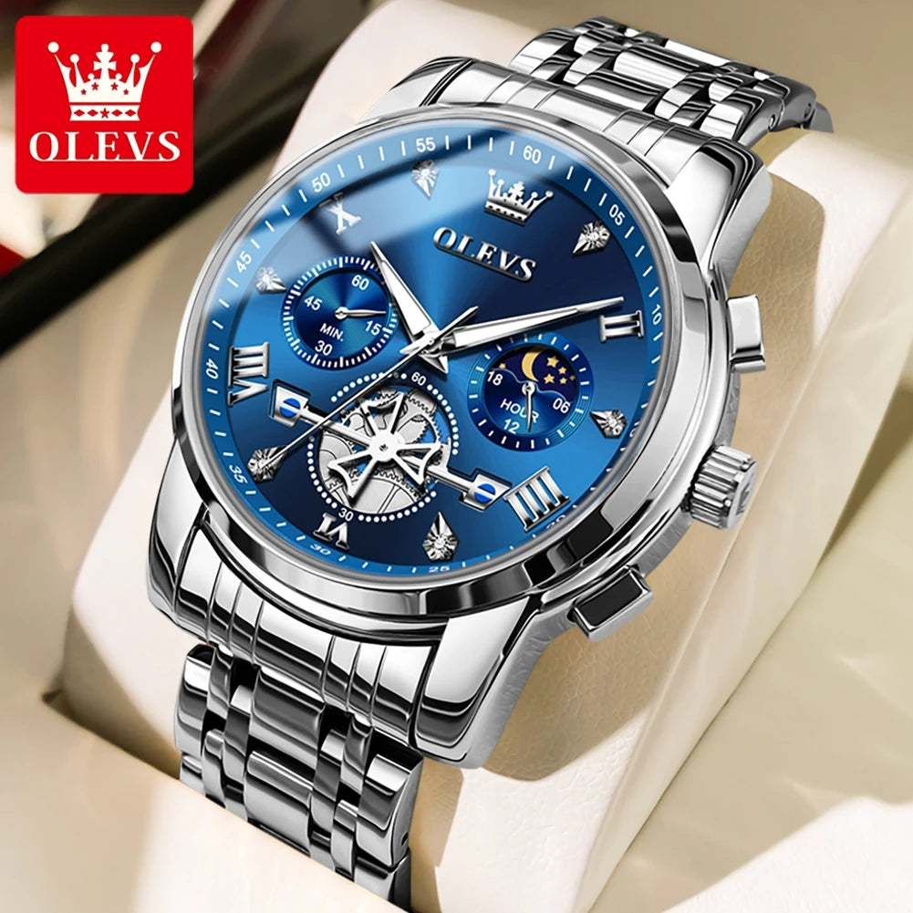 OLEVS Flywheel Skeleton Chronograph Moon Phase Quartz Watch For Men