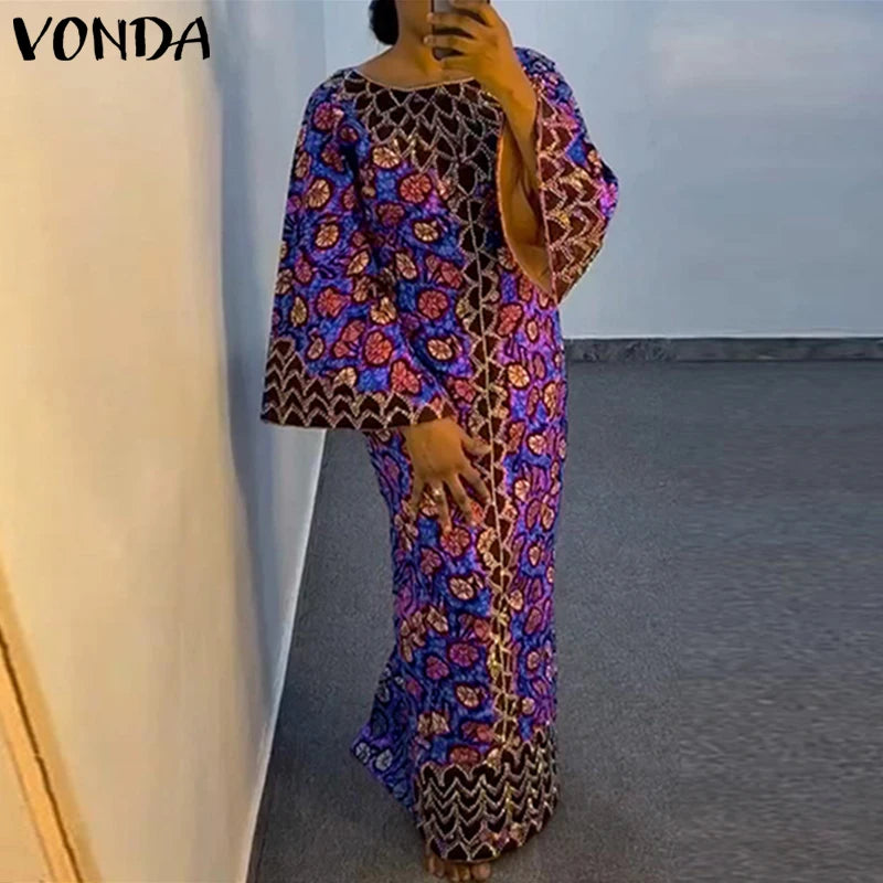 VONDA Bohemian Party Dress Elegant Women Printing Sundress Vintage Flare Long Sleeve Maxi Vestidos Oversized O-Neck Robe Femme