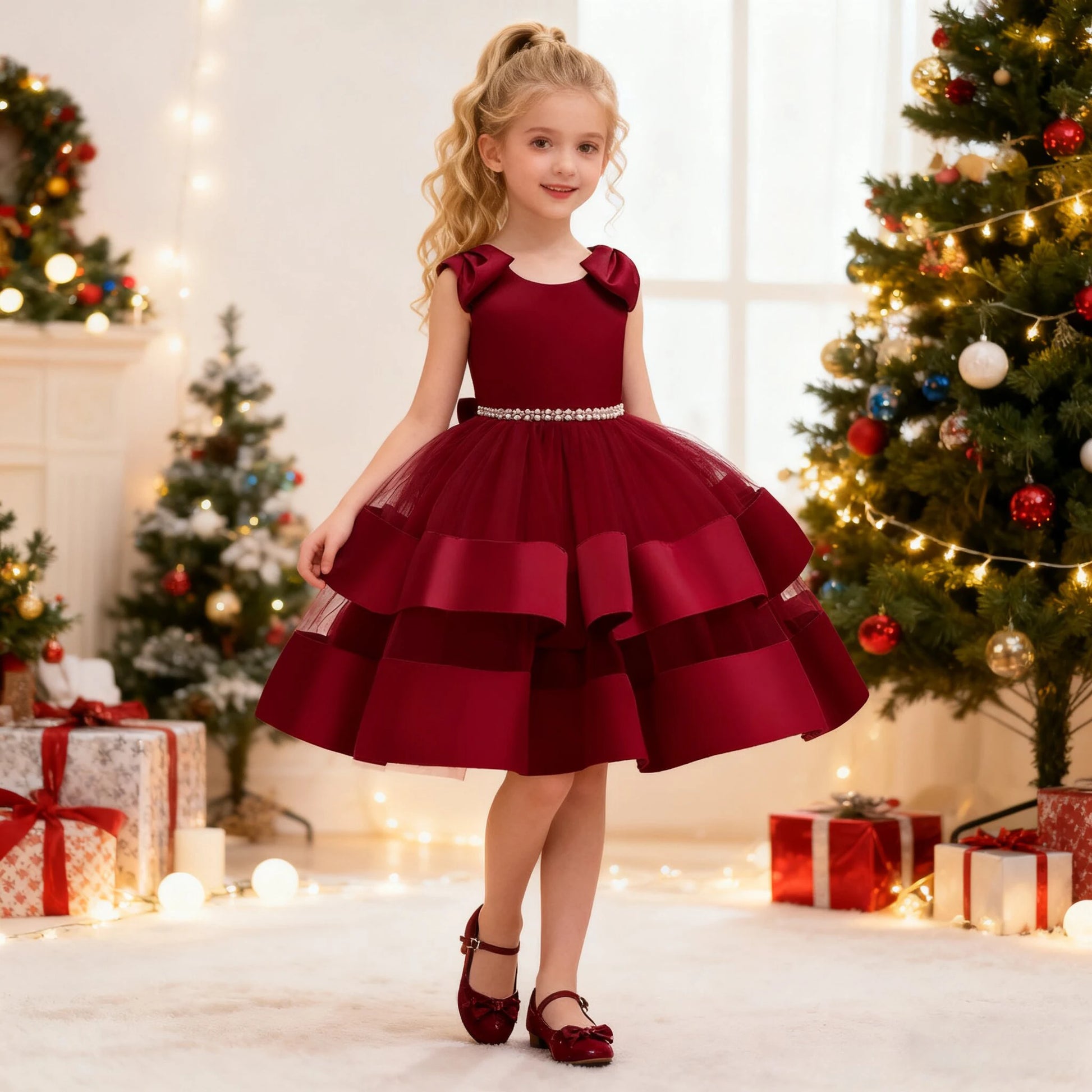 PLBBFZ Elegant Bow Girls Dress For Bridesmaids Party Christmas