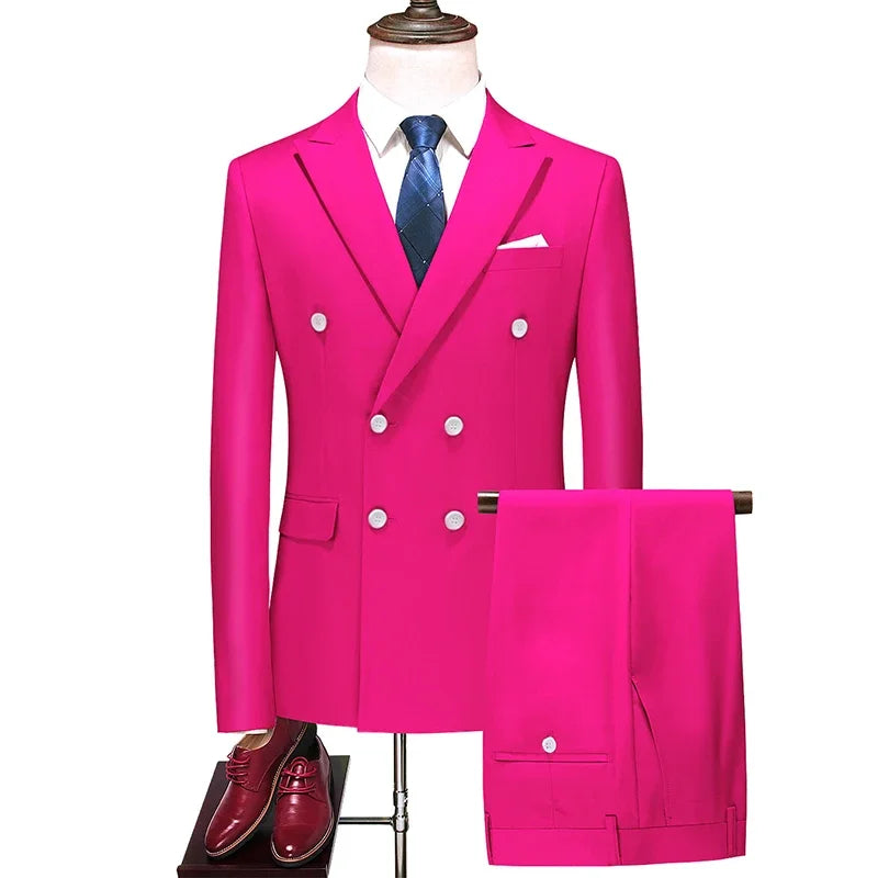 Mens Double Breasted Suit Blazer Pants British Style Business Formal