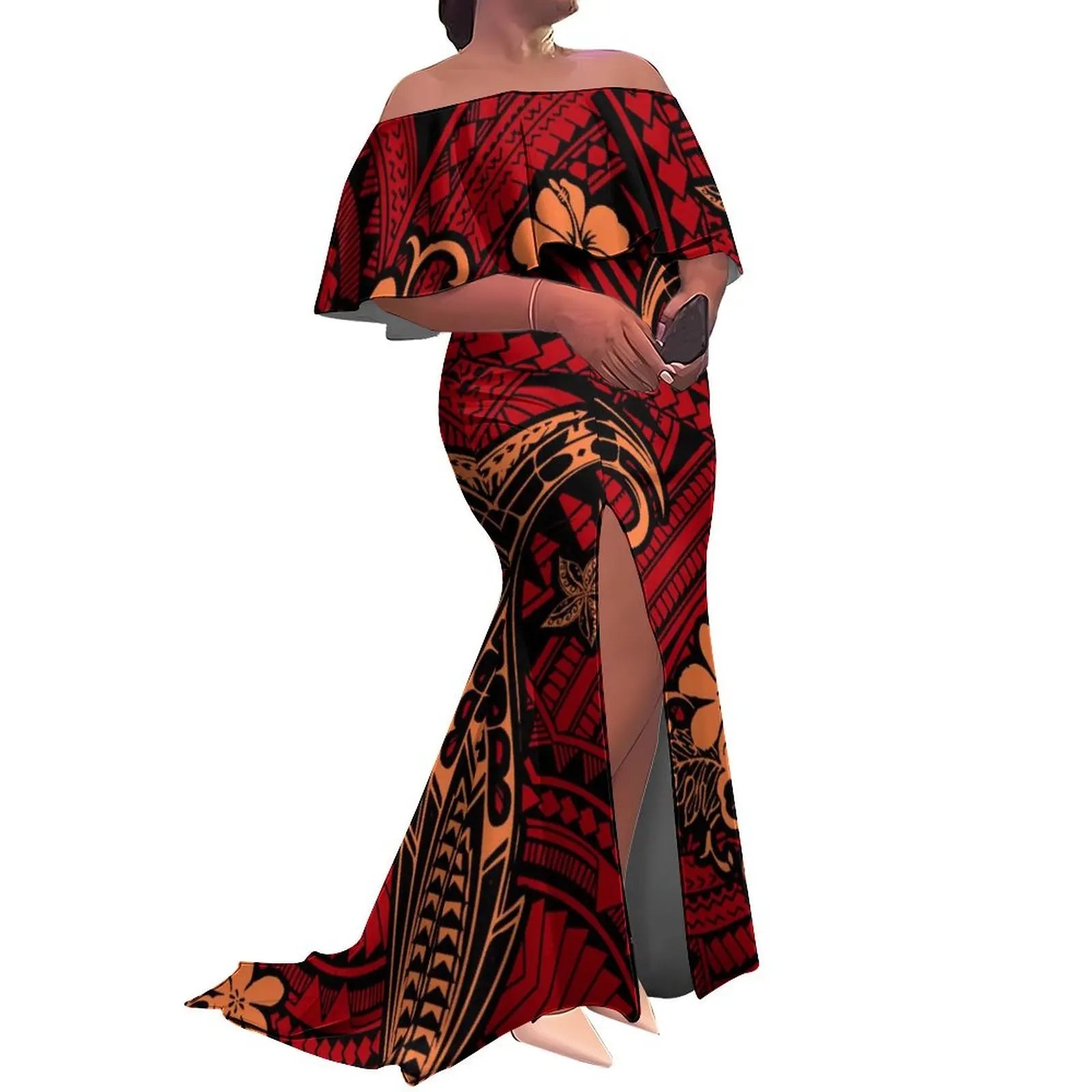 Tax Free Custom Logo Ladies Fishtail Evening Dress Polynesian Frill Off the Shoulder Split Mermaid Long Maxi New Zealand Dress