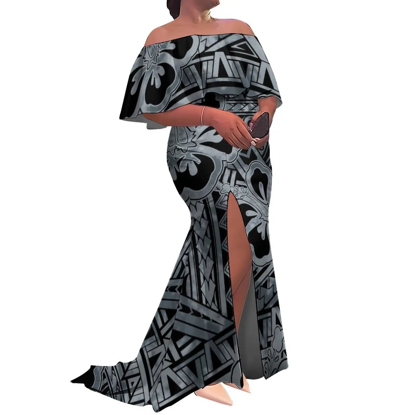 Tax Included Custom  Polynesian Tribal Design  Print Slit Pleated Plus Size Mermaid Dress Off Shoulder Prom Women Dress