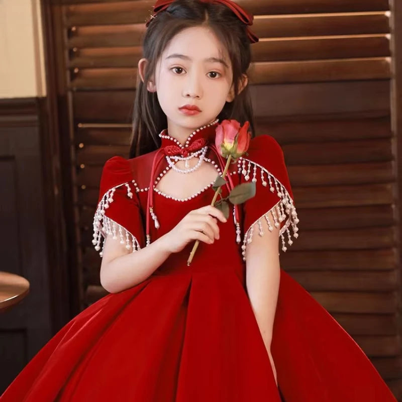 2025 New Red Girls' PrincessElegant Eids,Little Dress, ToddlerSummer Dresses Outfit for Birthday Party Fairy Gown, KidsGirl