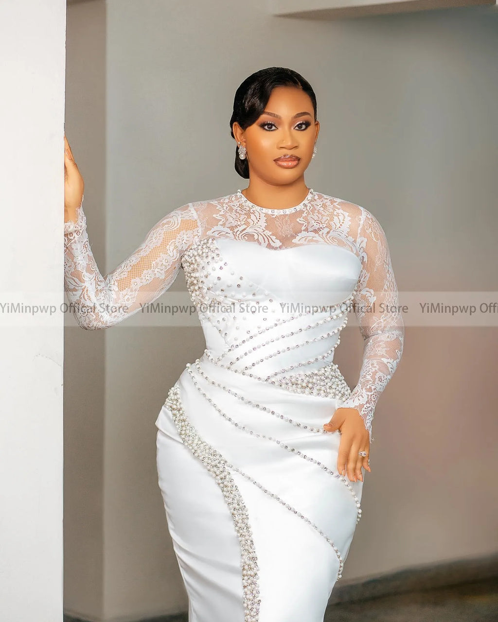 YiMinpwp Civil Wedding Dress O Neck Long Sleeve Tea Length
