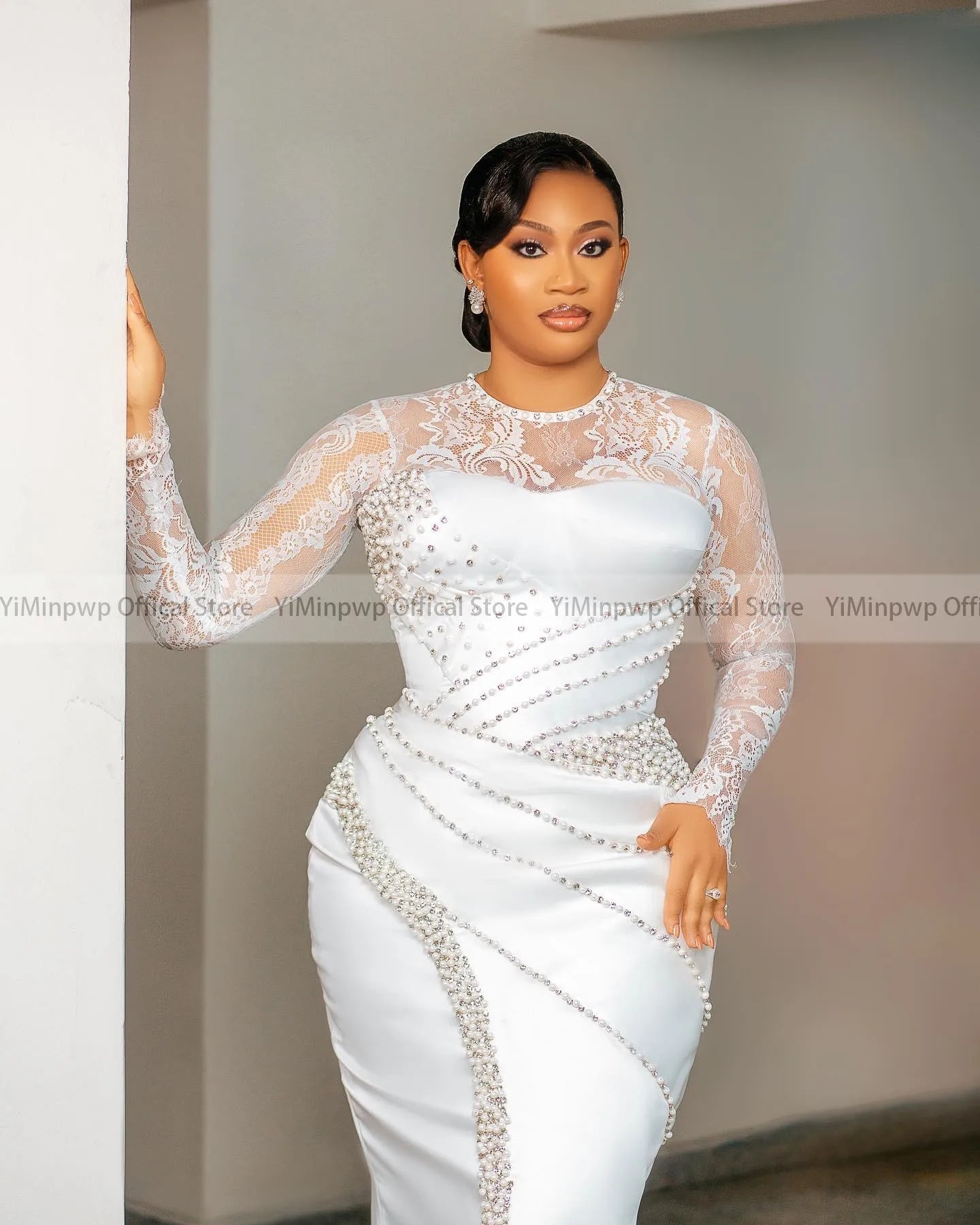 YiMinpwp Civil Wedding Dress O Neck Long Sleeve Tea Length