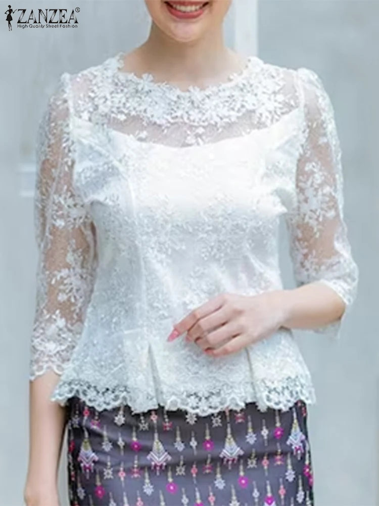 ZANZEA Summer Lace Blouse Hollow Out Floral O-Neck 3/4 Sleeve