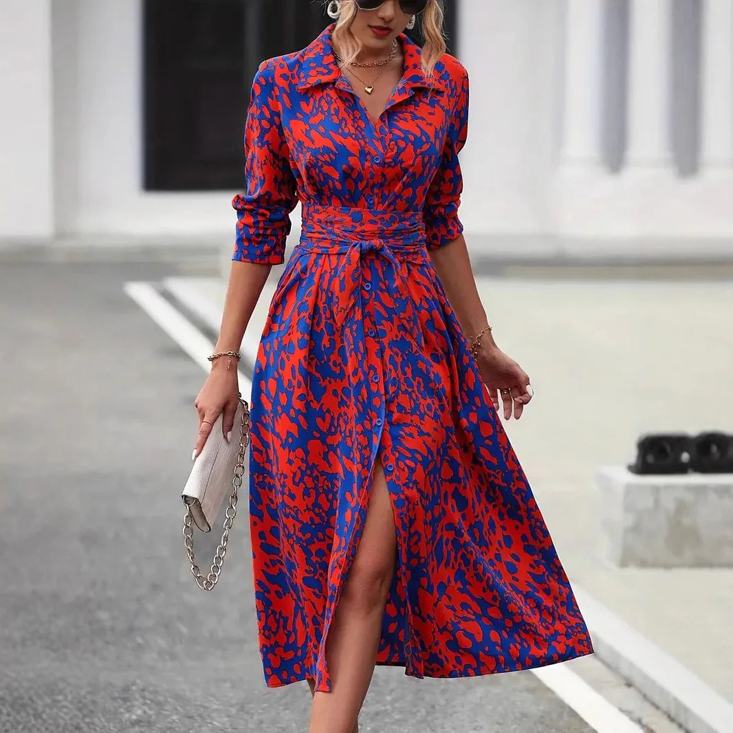 MLZECN European And American Printed Long Sleeve Aline Dress