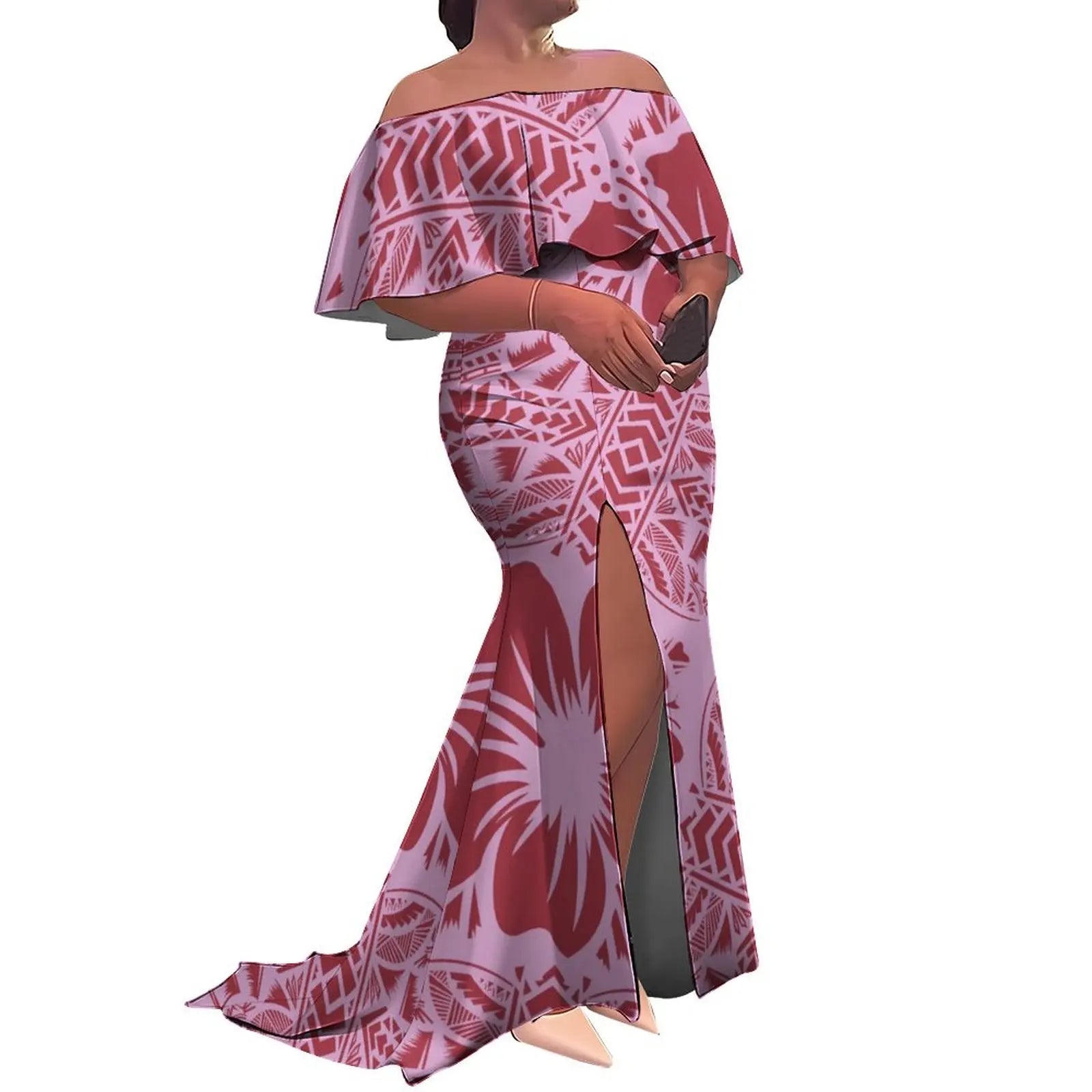 Tax Included Custom  Polynesian Tribal Design  Print Slit Pleated Plus Size Mermaid Dress Off Shoulder Prom Women Dress