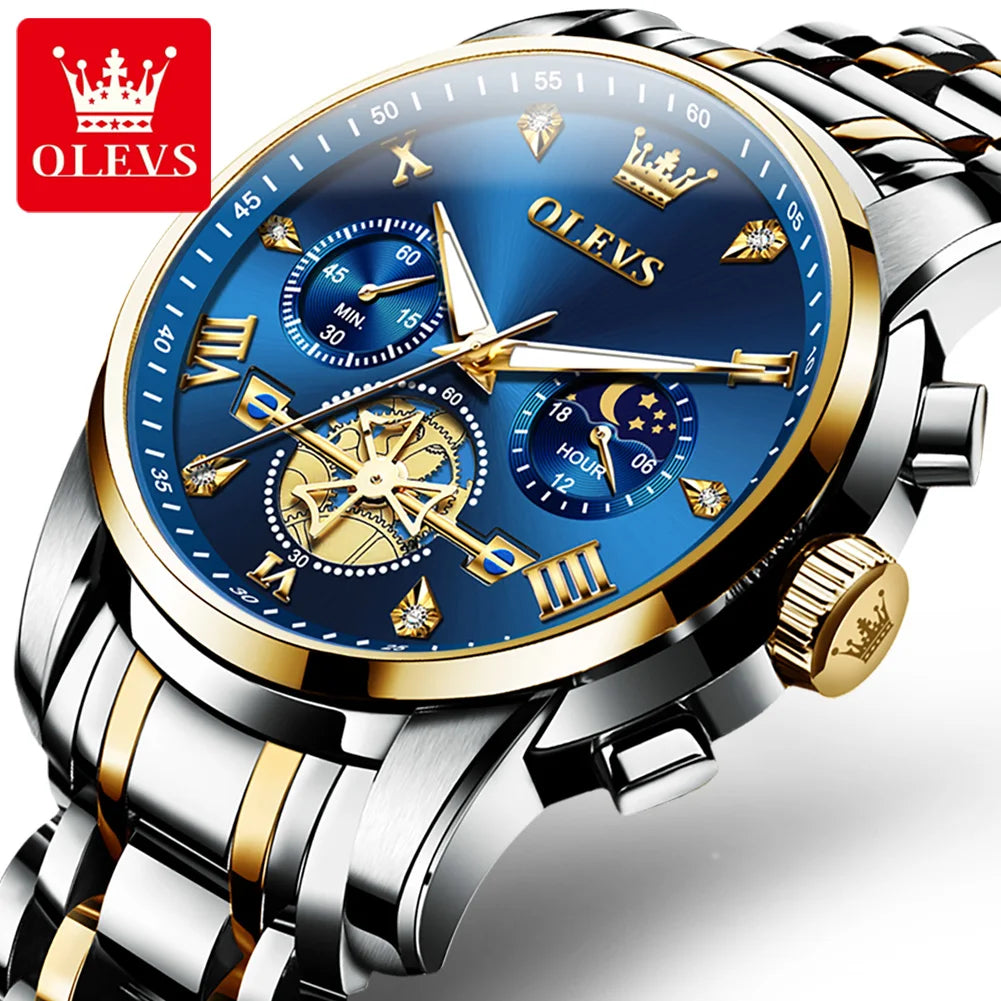 OLEVS 2856 Quartz Watch For Men Flywheel Skeleton Chronograph