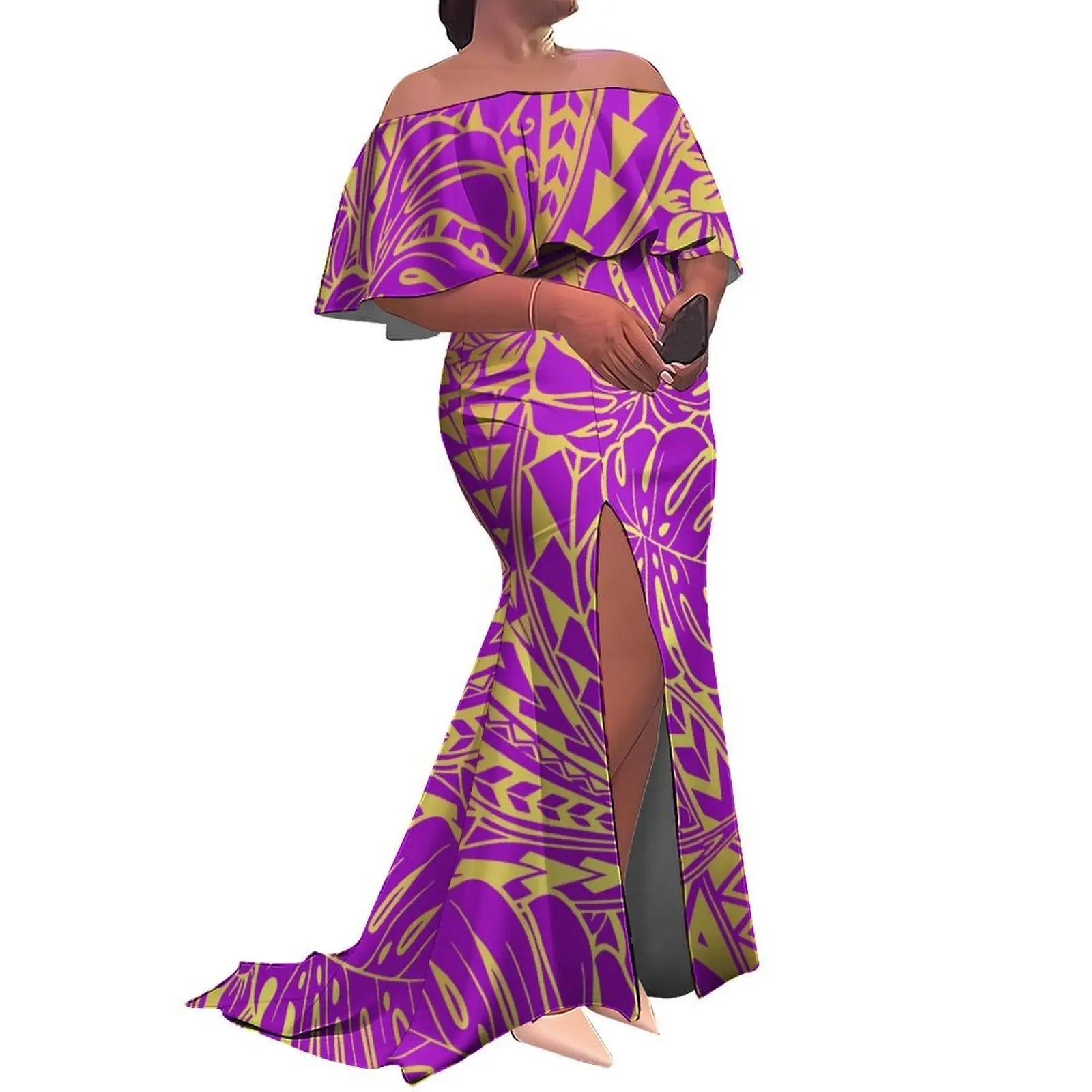 Tax Free Custom Logo Ladies Fishtail Evening Dress Polynesian Frill Off the Shoulder Split Mermaid Long Maxi New Zealand Dress
