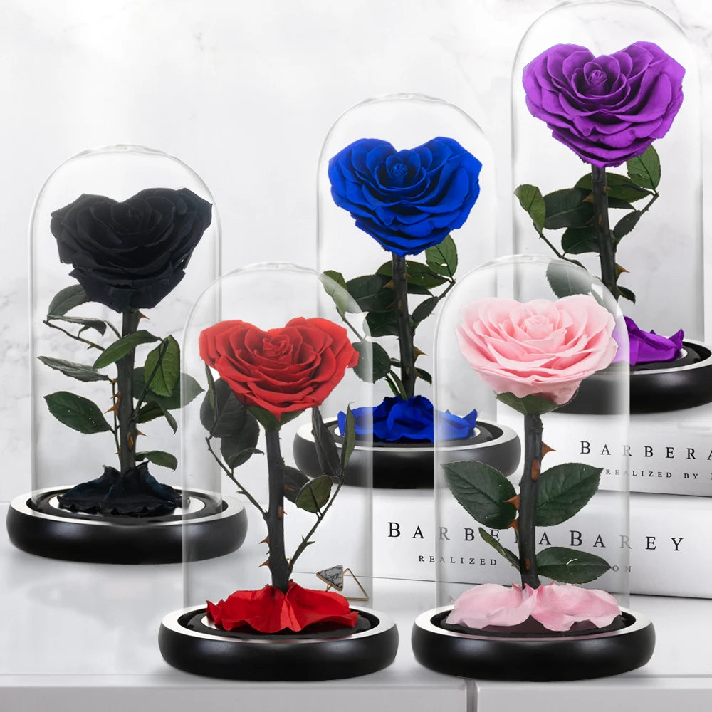 Heart Shaped Preserved Rose Beauty and The Beast Eternal Rose In Glass Dome Wedding Forever Flowers Valentines Christmas Gifts
