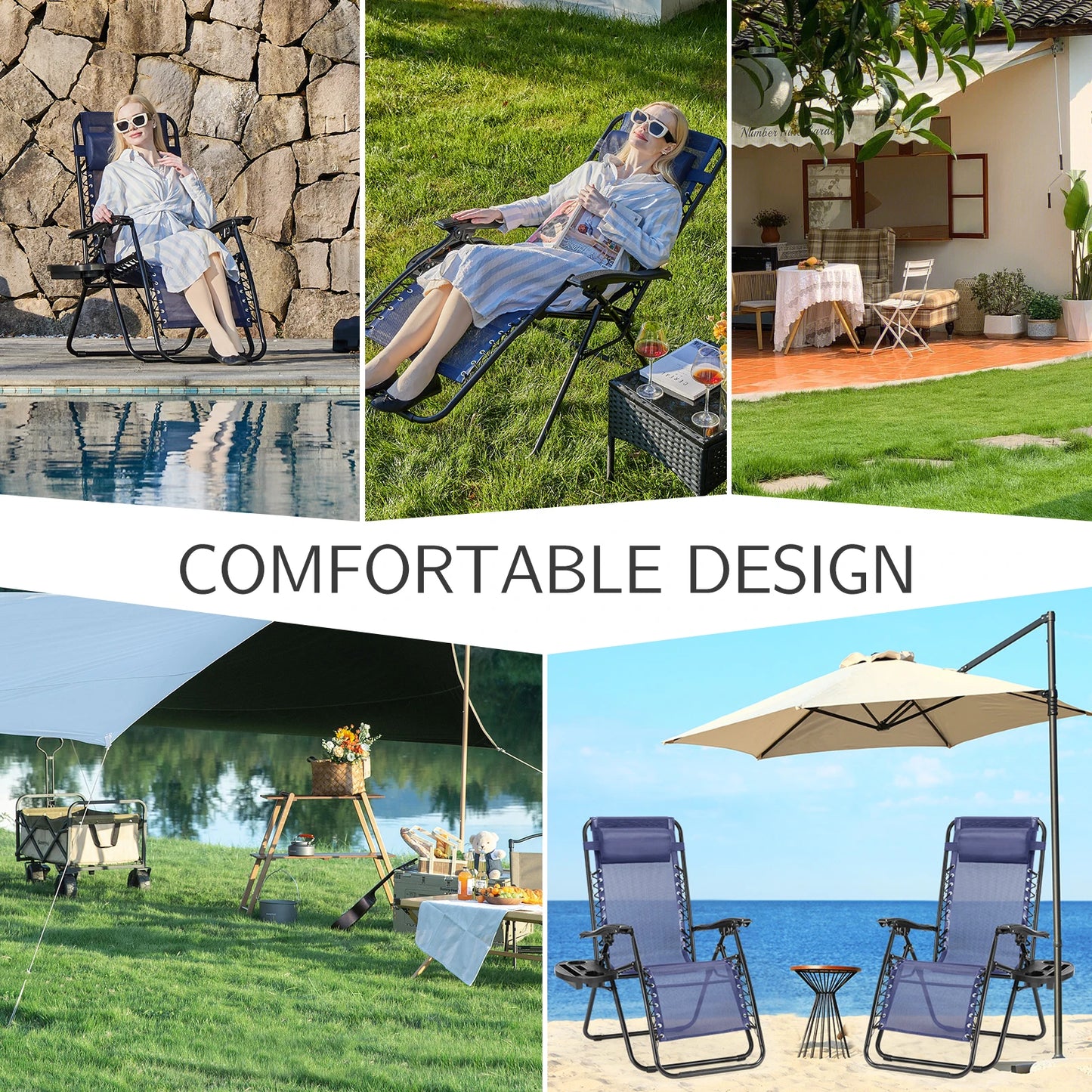 JHK Zero Gravity Set of 2 Portable Recliner Camping Patio Outdoor Garden Lounge Chair with Cup Holder Trays Adjustable Pillow