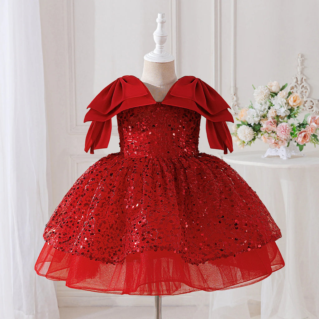 PLBBFZ Girls Sequin Bow Dress Tulle Party Princess Prom