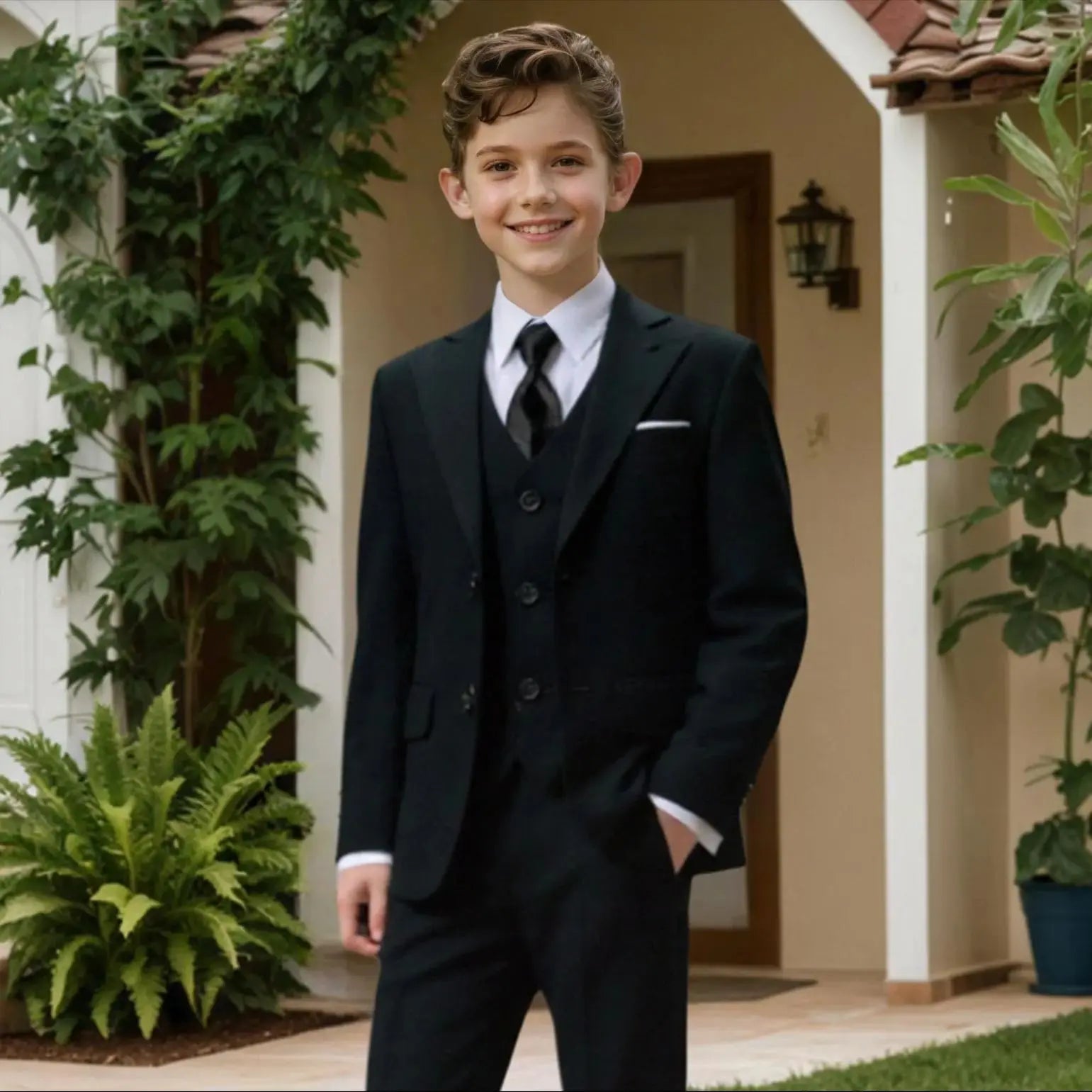 Boys Four Piece Suit Set Jacket Vest Pants Tie Formalwear