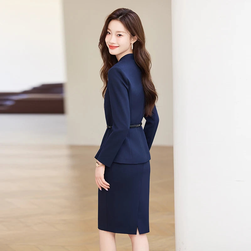 NAVIU Slim Womens Office Suit Set With V Neck Blazer And Mini Skirt