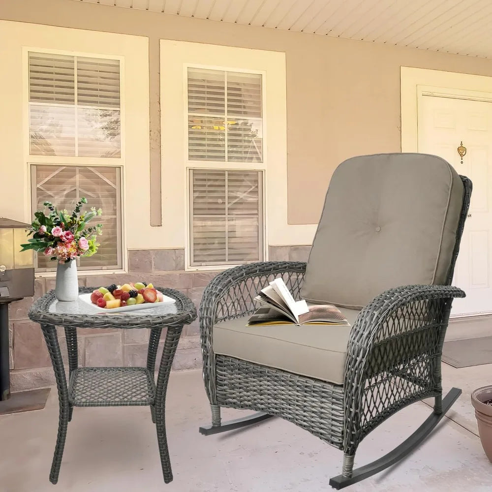 HUANZHUANG Outdoor Wicker Rocking Chair Set All Weather Resin Rattan