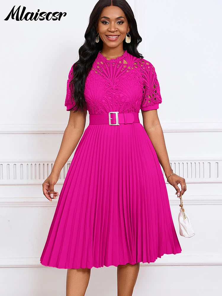 Mlaiscsr Elegant Wedding Guest Pleated Lace Patchwork Dress With Belt