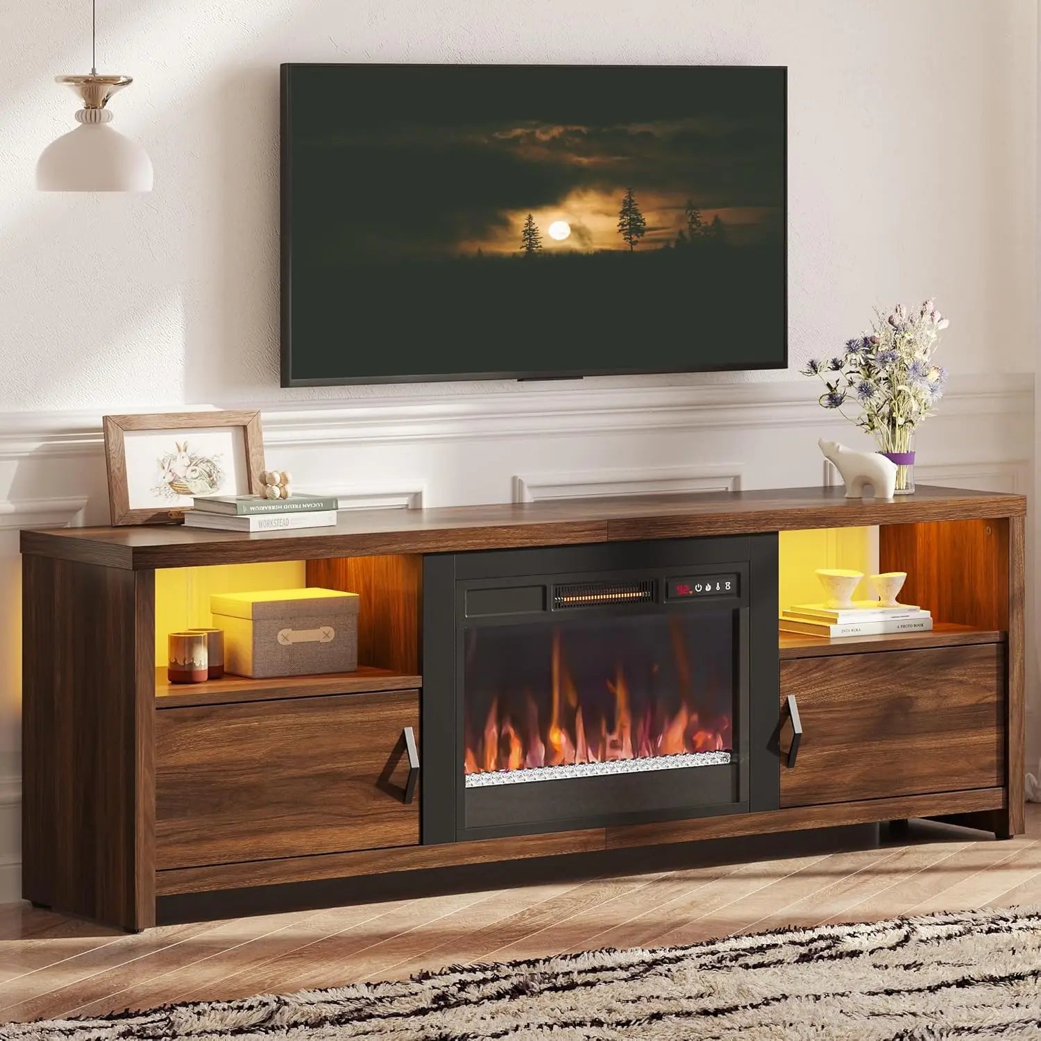 HUANZHUANG Fireplace TV Stand With LED Lights And Storage Cabinets