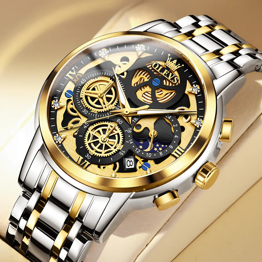 OLEVS Mens Luxury Skeleton Quartz Watch Stainless Steel Waterproof