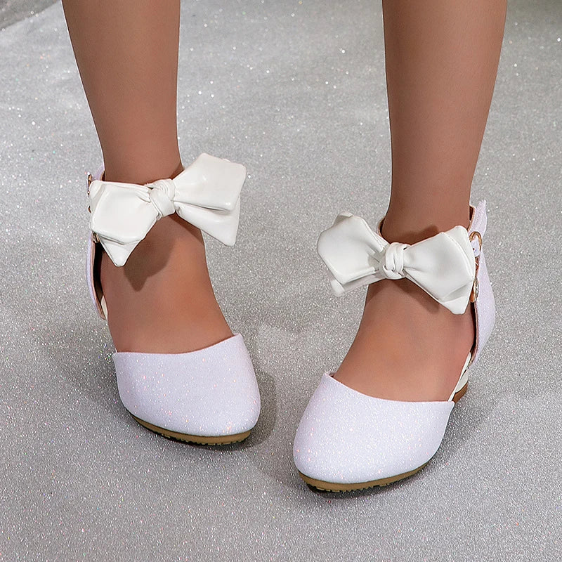 Shiny Luxury Children Wedding Bridesmaids Elegant Party High Heels Leather Shoes Ankle Length Gala Celebration Fancy Girl Sandal