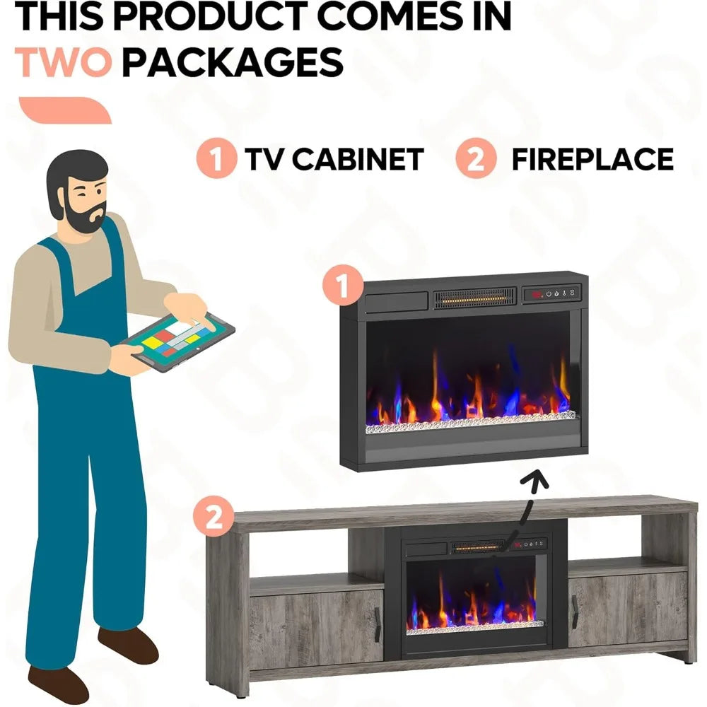 HUANZHUANG Fireplace TV Stand With LED Lights And Storage Cabinets