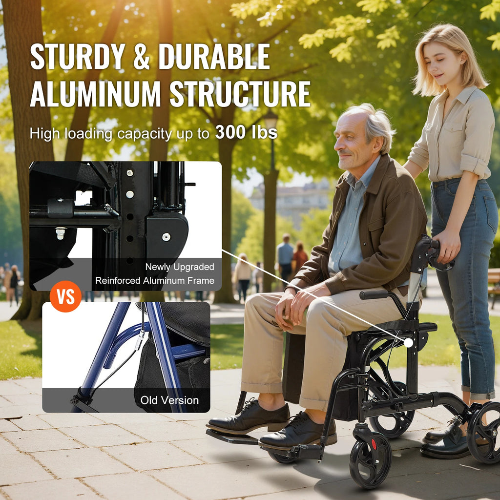 VEVOR 2 In 1 Foldable Rollator Walker Transport Chair