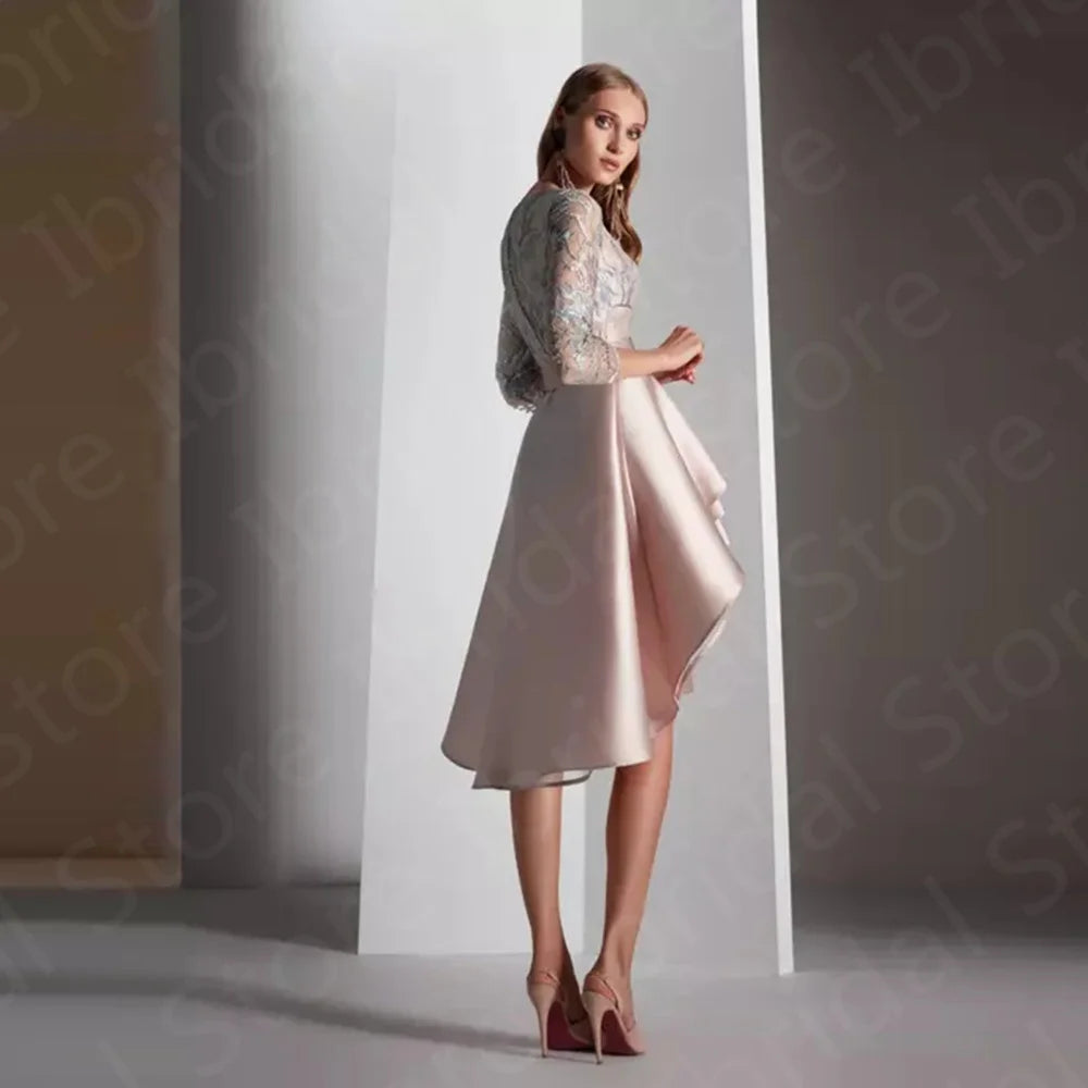 2023 New Arrival Pearl Pink Mother of the Bride Dress High Low Mother Dresses 3/4 Sleeves Lace Wedding Party Gowns Customized