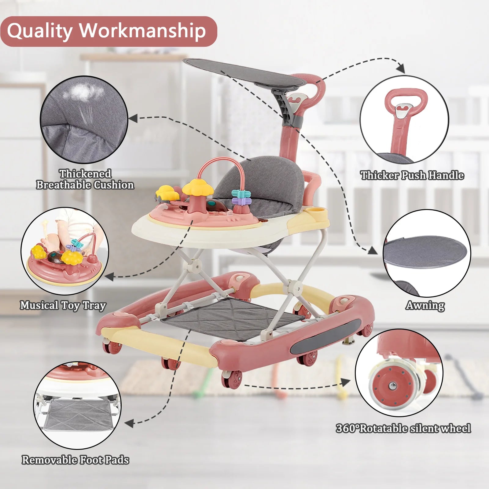 Baby Walker With Sunshade And Seat Multifunctional Anti Rollover Stroller