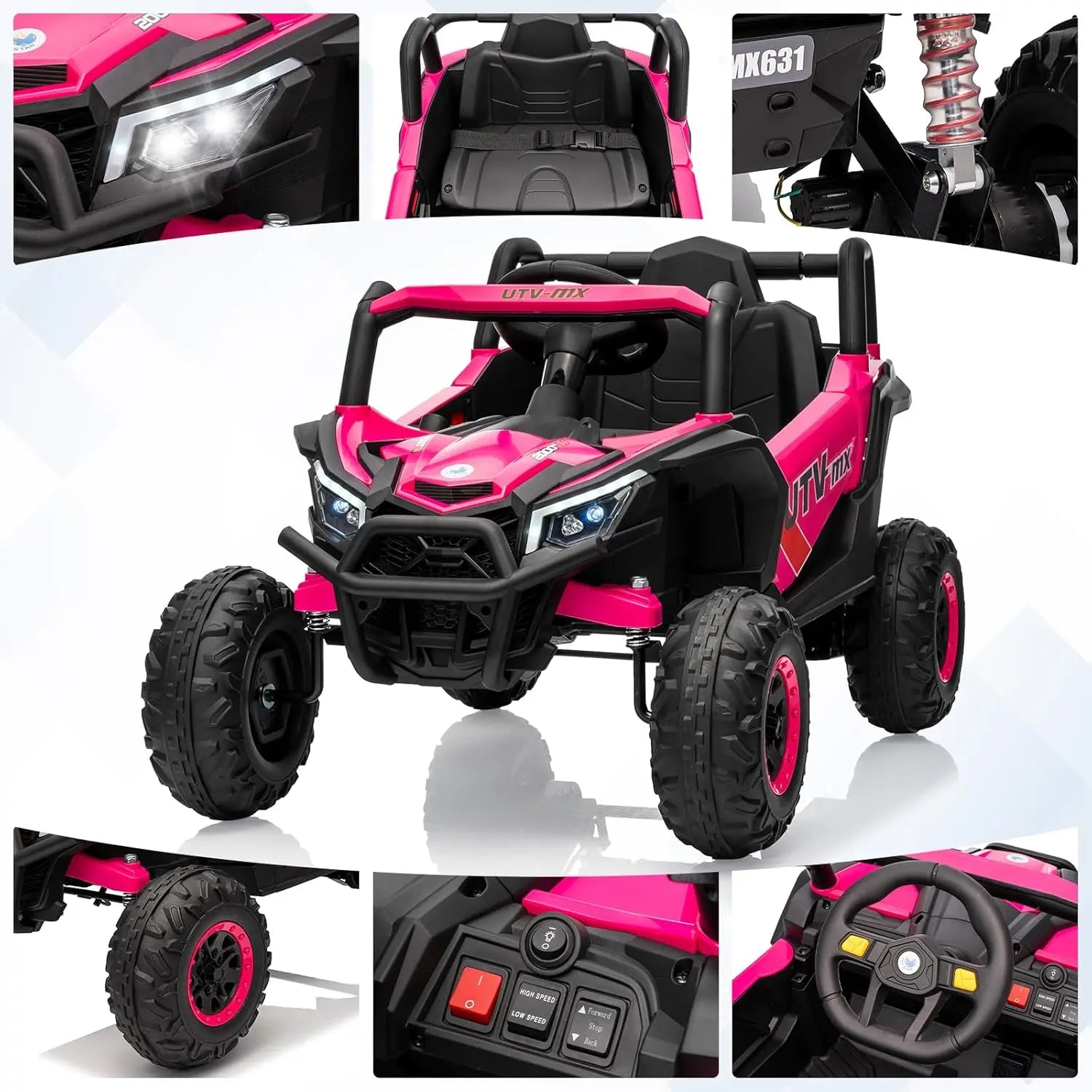 Bluetooth Music LED Lights Kids Ride On Car UTV Truck with Remote Control 4WD/2WD Switchable Electric Vehicle with Safety Belt