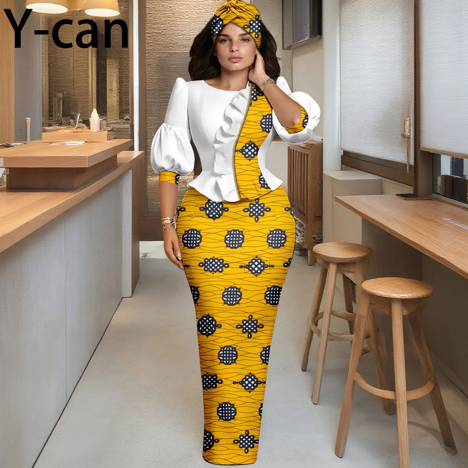 Y-can African Women Skirt Set With Headwrap and Ruffled Top