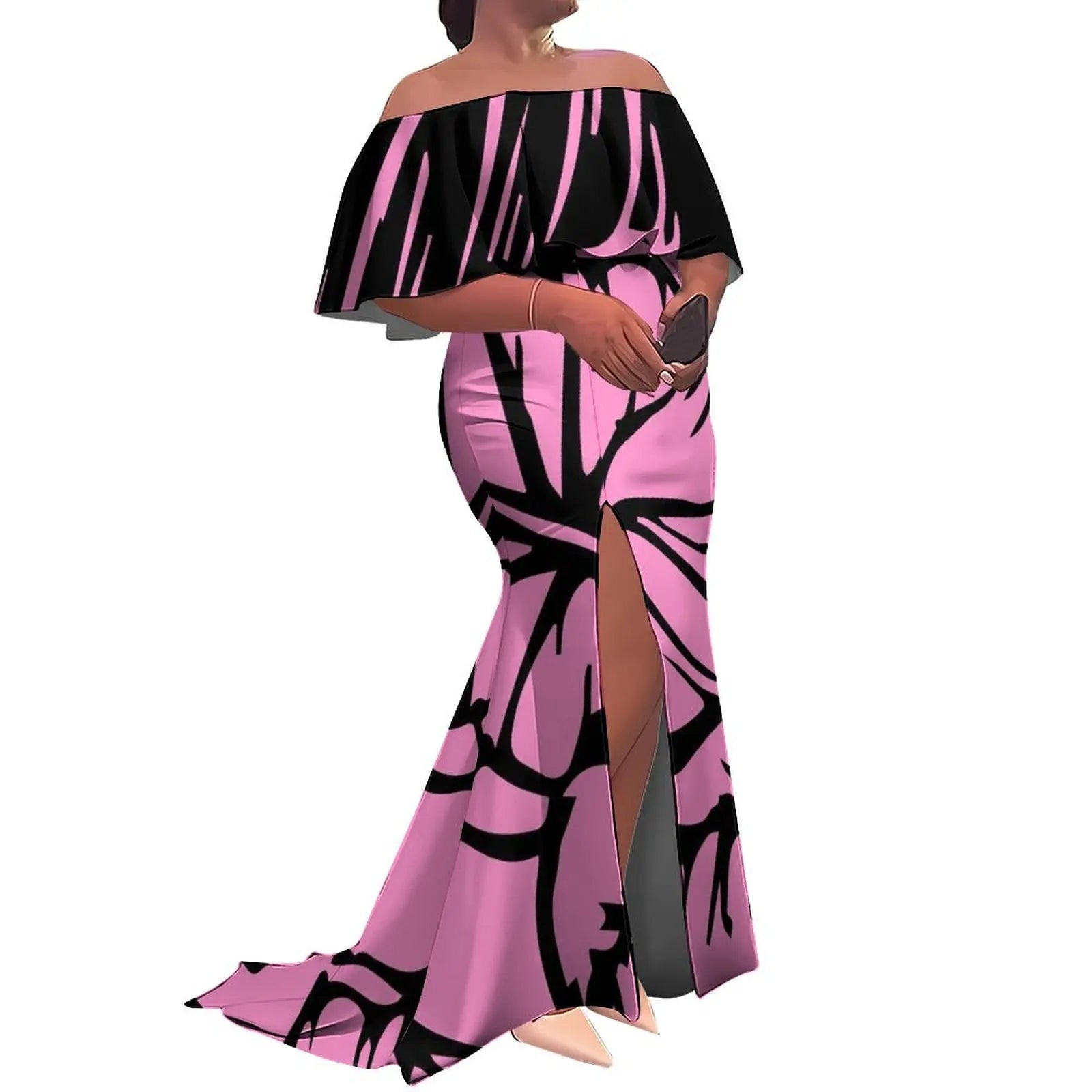Tax Included Custom  Polynesian Tribal Design  Print Slit Pleated Plus Size Mermaid Dress Off Shoulder Prom Women Dress