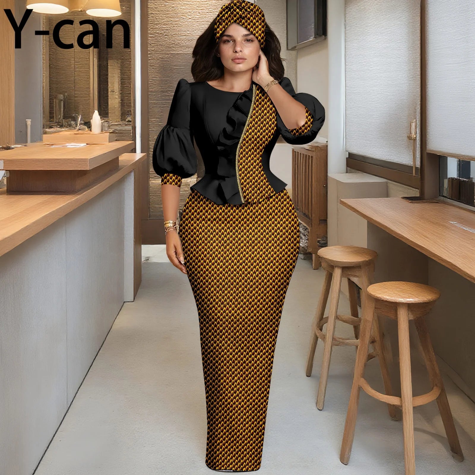 Y-can African Women Skirt Set With Headwrap and Ruffled Top