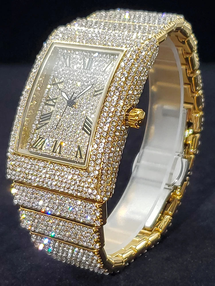 Gold Men's Watches Rectangle Dial Luxury Diamond Fashion Big Wristwatches Luminous Point Iced Quartz Watch For Men Dropshipping