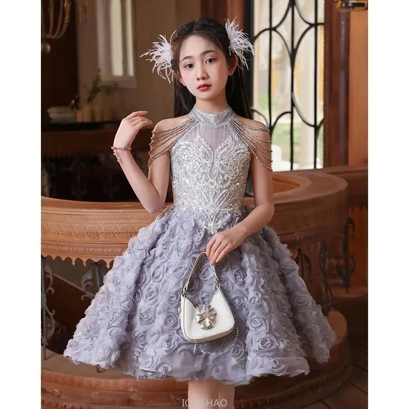 2025 Girls Princess Dress Short Birthday Party Pageant Gown Kids Costume Piano Recital Formal Outfit Children Summer Clothes