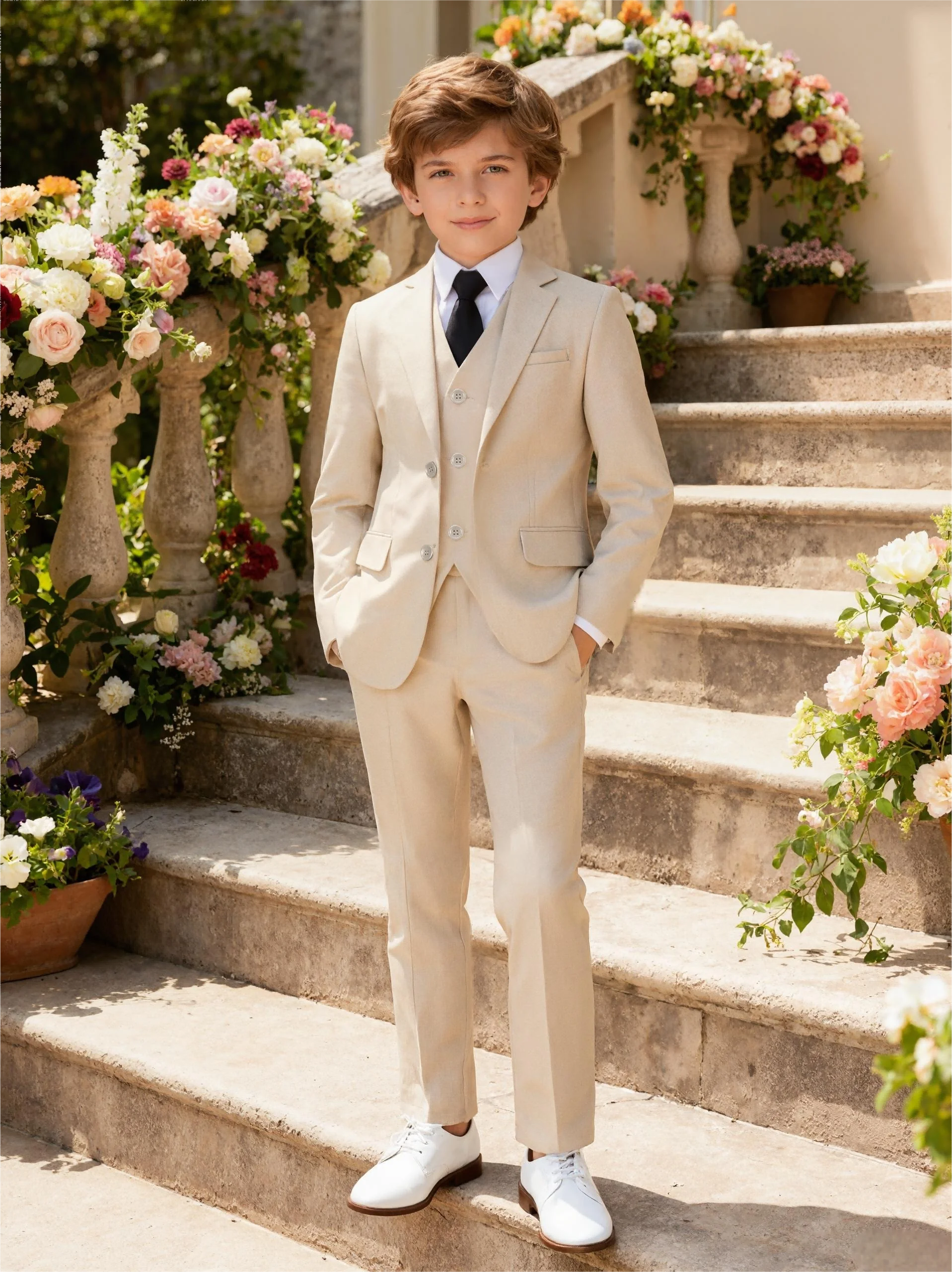 Boys Four Piece Suit Set Jacket Vest Pants Tie Formalwear