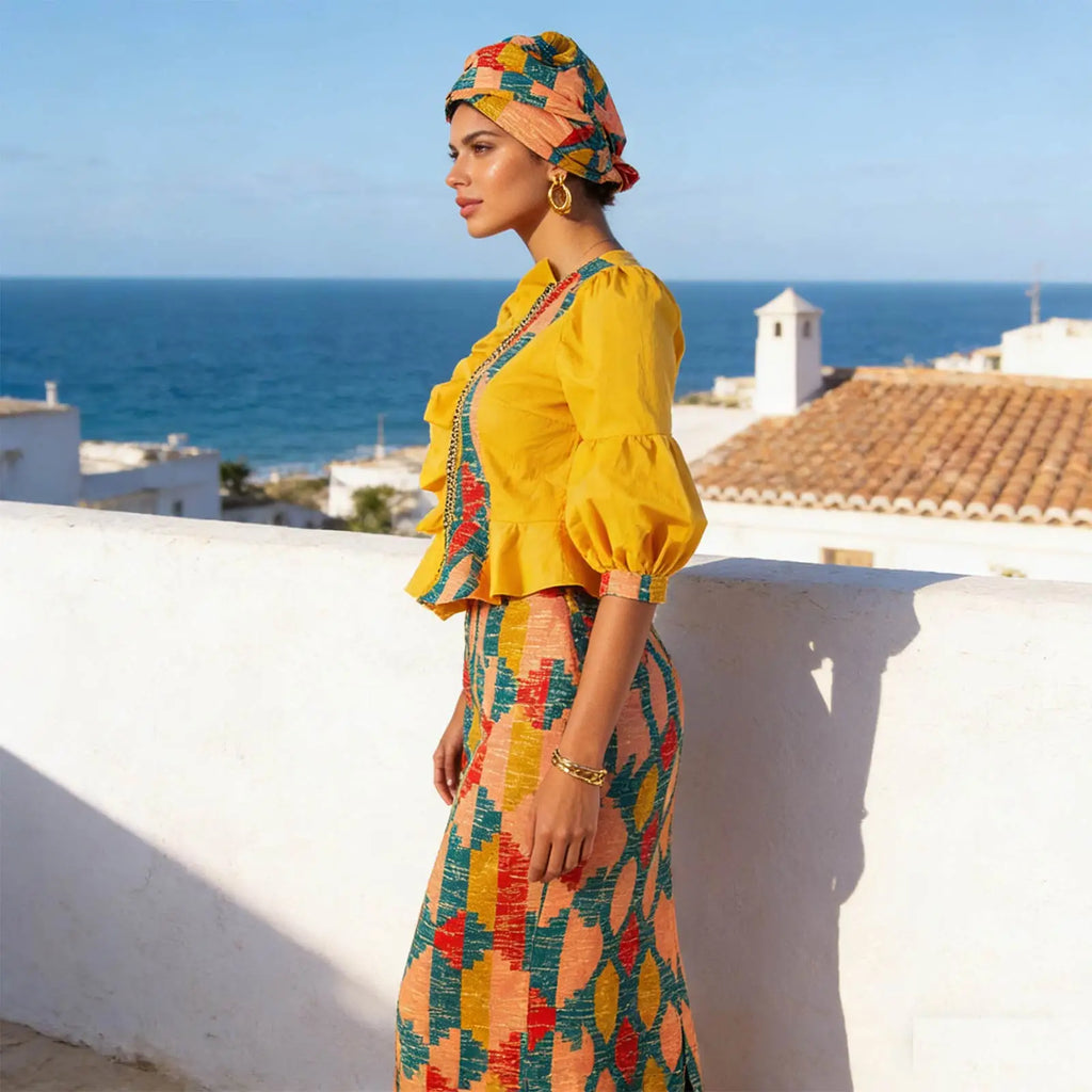 Y-can African Women Skirt Set With Headwrap and Ruffled Top