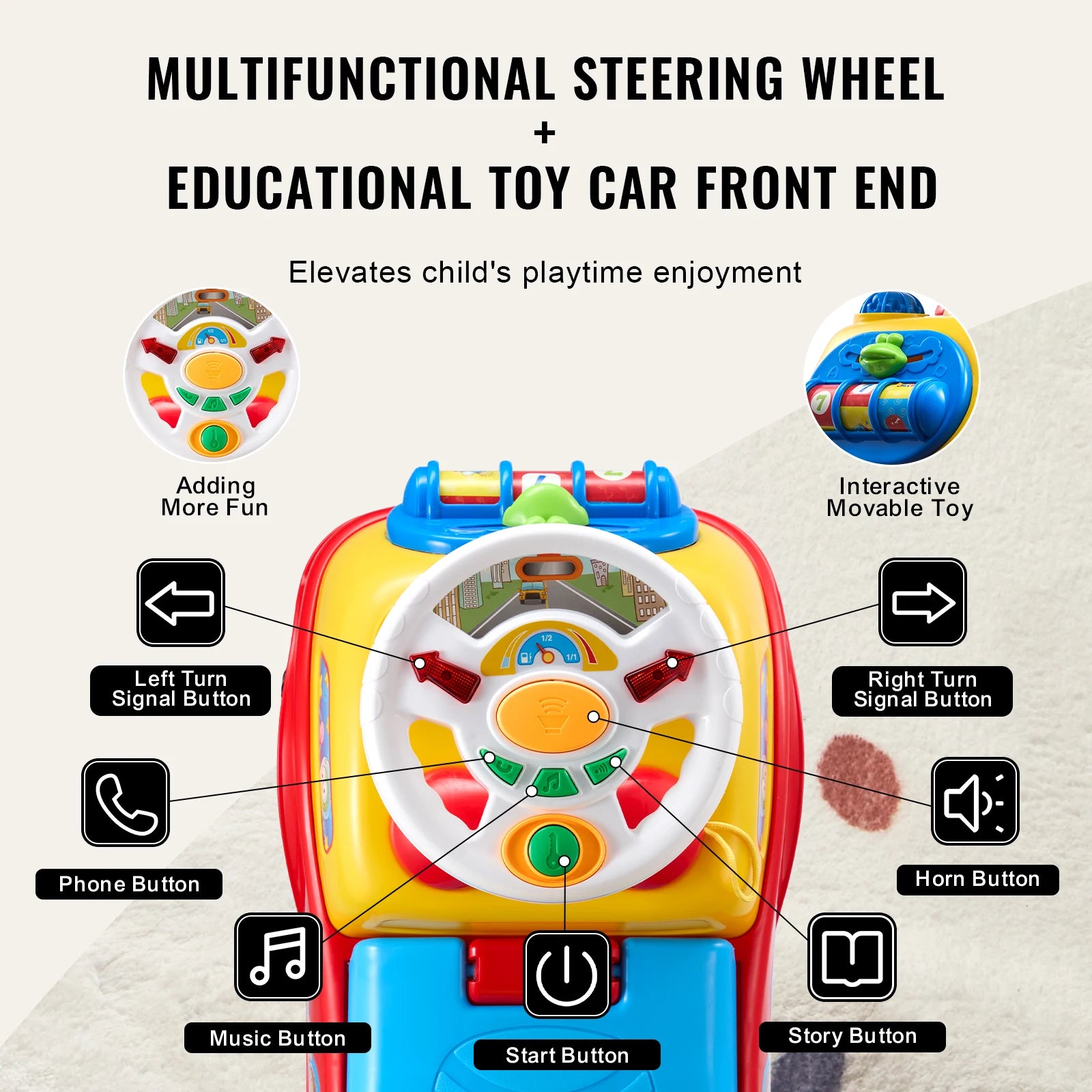 SucceBuy Toddler Ride On Push Car With Music Steering Wheel