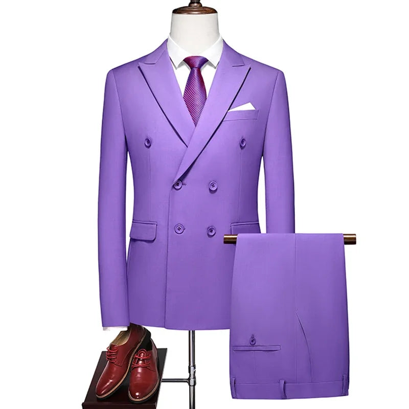 Men's Double Breasted Blazer And Pants Suit British Style Business