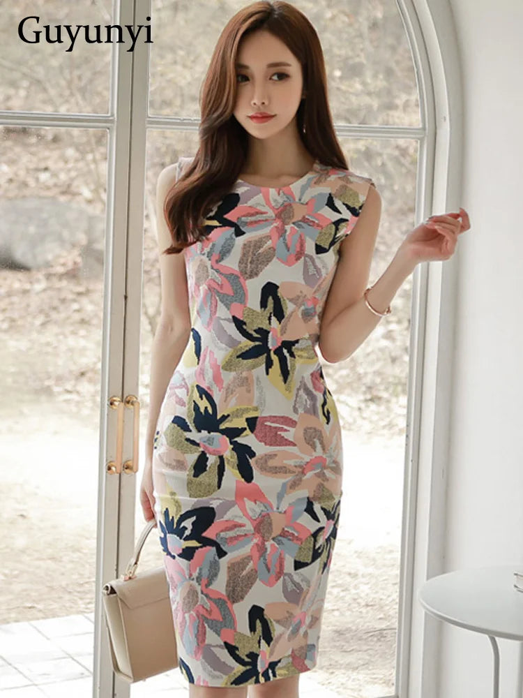 High Waist Tight Dress Summer Simple Temperament Party Dress Floral O-Neck Sleeveless Sheath Elegant Office Lady Dress