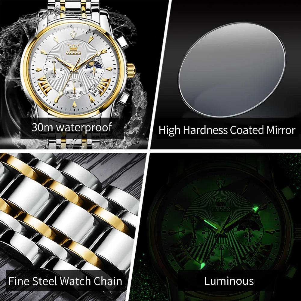 OLEVS Luxury Chronograph Watch For Men Waterproof Moon Phase
